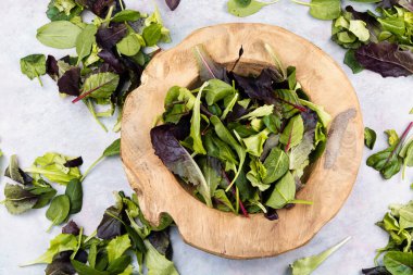 Ispanaklı taze yeşil salata, romaine ve marul kırsal ahşap kasede..