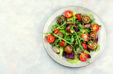 Taze vejetaryen salatası, kızarmış şampiyonlar, gevrek yeşiller ve sebzeler. Metin için boşluk.