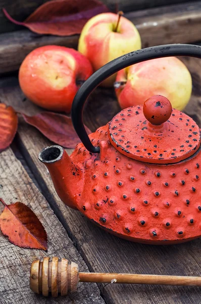 Стильный чайник и яблоко — стоковое фото