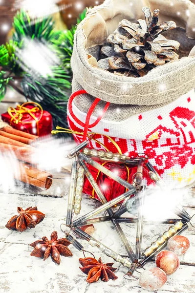 Christmas bag with pine cones — Stock Photo, Image