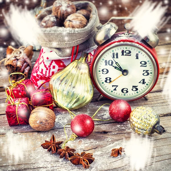 Christmas card with alarm clock — Stock Photo, Image