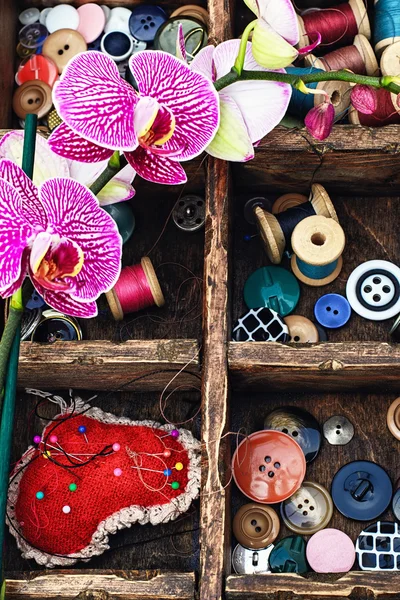 Artículos de costura y orquídea — Foto de Stock