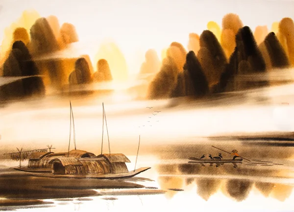 Peinture aquarelle paysage chinois — Photo