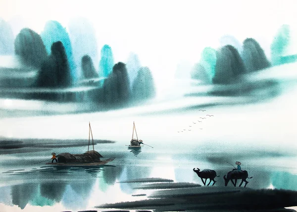 Číňané krajina akvarelu — Stock fotografie