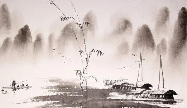 Peinture à l'encre de paysage chinoise — Photo