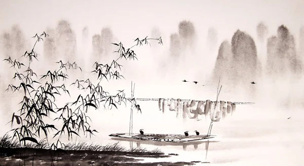 Κινέζικο τοπίο ζωγραφική μελάνι — Φωτογραφία Αρχείου
