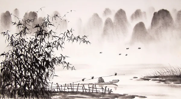 Pintura de tinta de paisagem chinesa — Fotografia de Stock