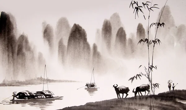 Κινέζικο τοπίο ζωγραφική μελάνι — Φωτογραφία Αρχείου