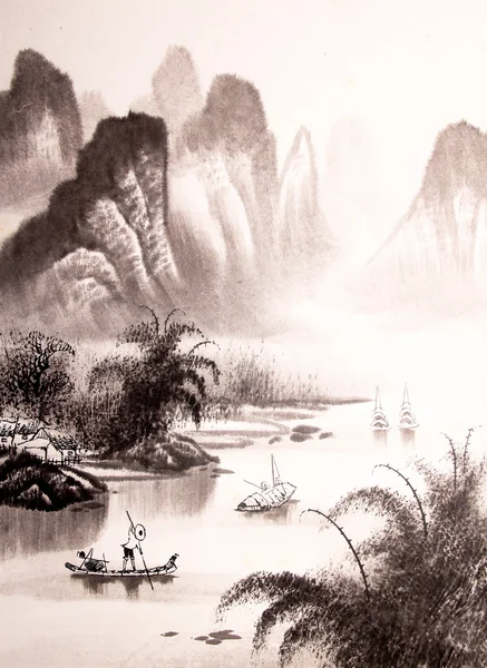 Peinture aquarelle paysage chinois — Photo