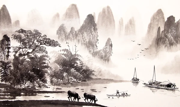 Kinesiska landskap akvarellmålning — Stockfoto