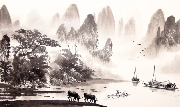 Peinture aquarelle paysage chinois — Photo