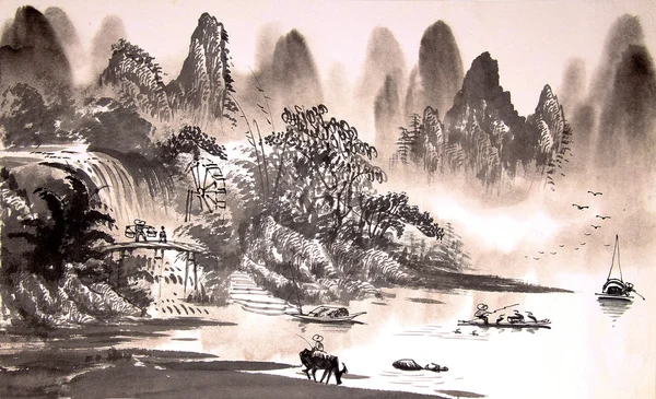 Китайська краєвид аквареллю картини — стокове фото