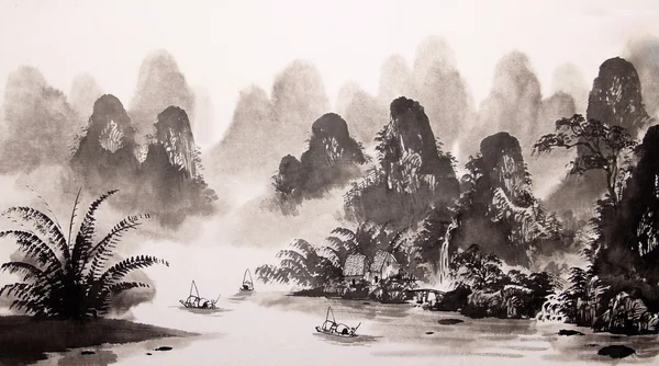 중국어 풍경 수채화 그림 — 스톡 사진