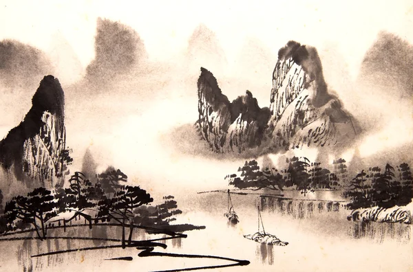 Kínai táj akvarell festészet — Stock Fotó