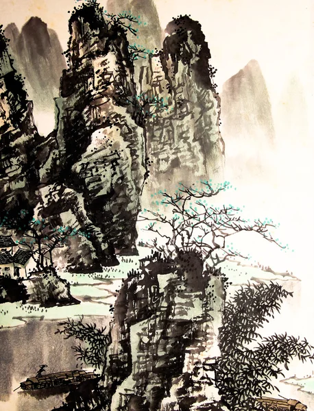 Pintura aquarela paisagem chinesa — Fotografia de Stock