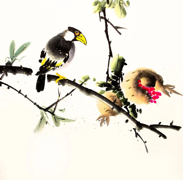 Tinta chinesa pintura pássaro e árvore — Fotografia de Stock