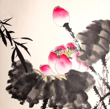 mürekkep lotus resim elle çizilmiş