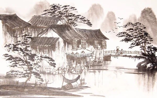 Chinese tekening water stad — Stockfoto