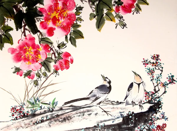 Čínské tušové malby ptáků a strom — Stock fotografie