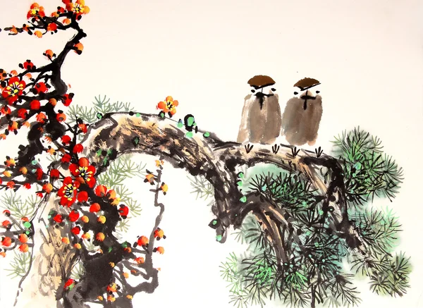 Peinture à l'encre chinoise oiseau et arbre — Photo