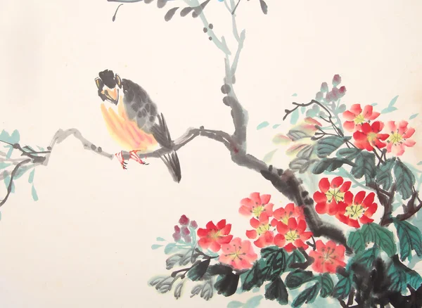 Kinesiska bläck målning fågel och växt — Stockfoto