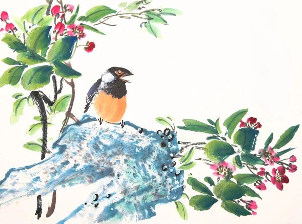 中国水墨绘画鸟和植物 — 图库照片