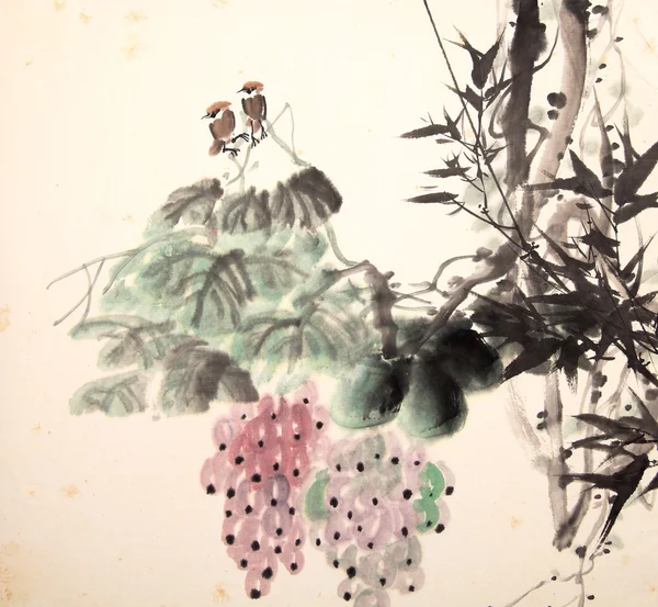 Tinta chinesa pintura pássaro e planta — Fotografia de Stock