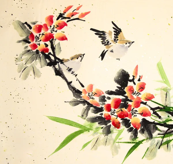 Peinture à l'encre de Chine oiseau et plante — Photo