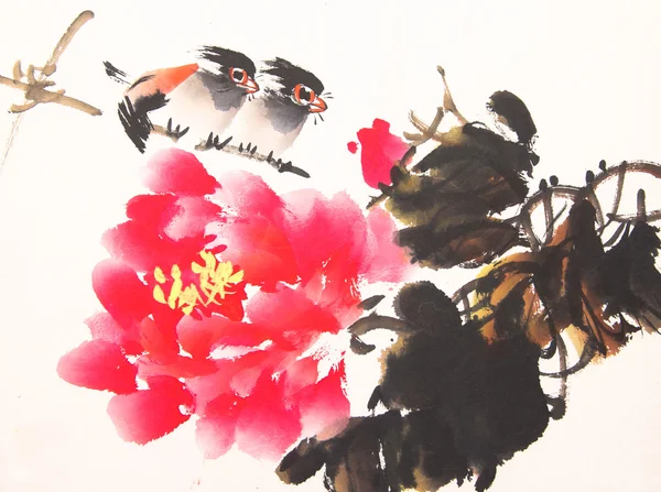 Розпис птиці китайської чорнила і завод — стокове фото