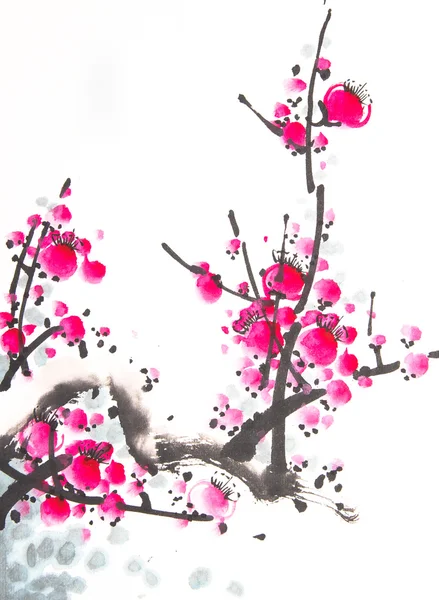 Κινεζική ζωγραφική με νερομπογιές κεράσι — Φωτογραφία Αρχείου