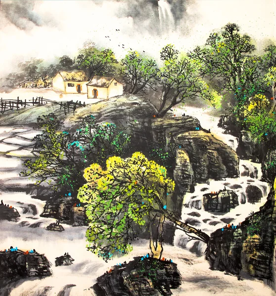 Peinture aquarelle paysage chinois — Photo