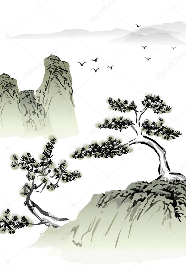 Chinese Landscape Ink Painting Stock Photo, Picture and Royalty