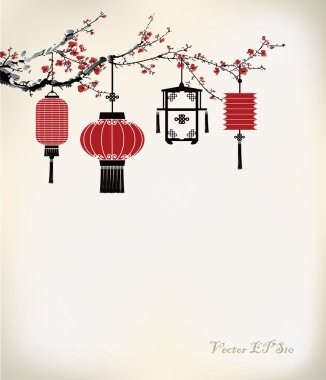 Chinese Lantern hang on cherry tree clipart