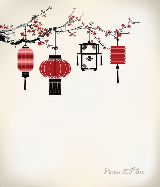 Chinese Lantern hang op kersenboom — Stockvector