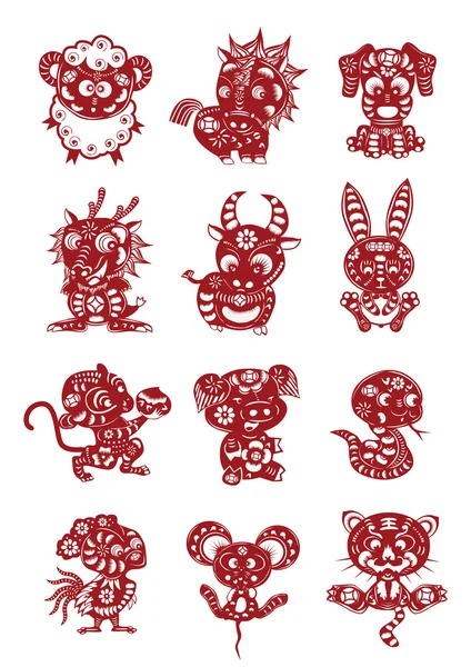 Chinesisch 12 Tiere Papierschnitt — Stockvektor