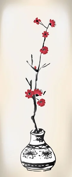 Kiraz çiçeği pot mürekkep boyama — Stok Vektör