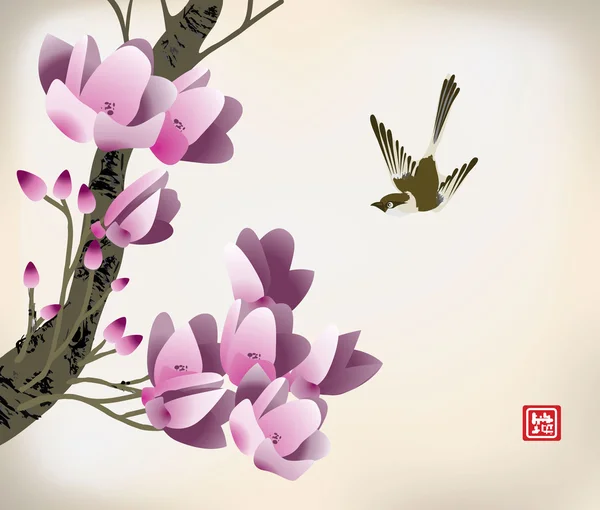 Chinese inkt stijl bloem vogel tekening — Stockvector