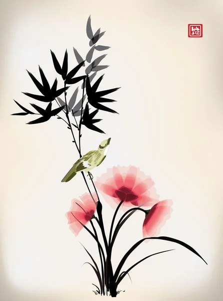 Chinese inkt stijl bloem vogel tekening — Stockvector