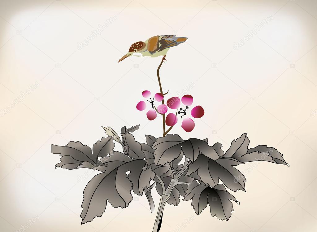 Chinese ink style flower bird drawing