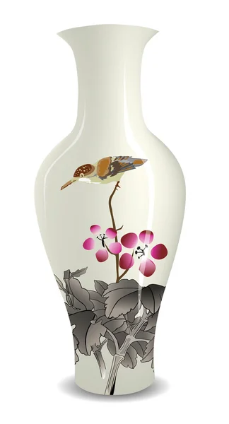 Vase with Chinese ink style flower bird drawing — Stock Vector