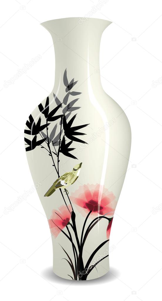 Vase Avec Oiseau De Fleur Style Encre De Chine De Dessin