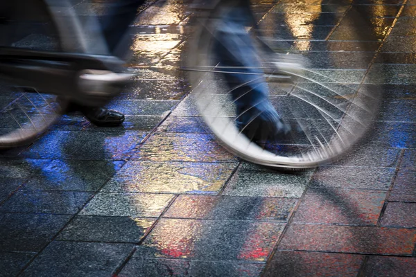 Pushing bicycle on  neon reflections — Stock Photo, Image