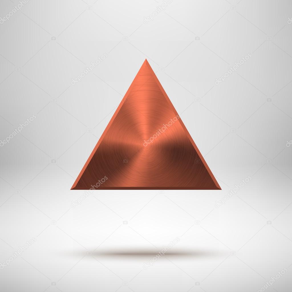 Bronze abstract triangle badge, technology blank button template with metal texture (chrome, steel), realistic shadow and light background for interfaces, UI, applications, apps. Vector illustration.