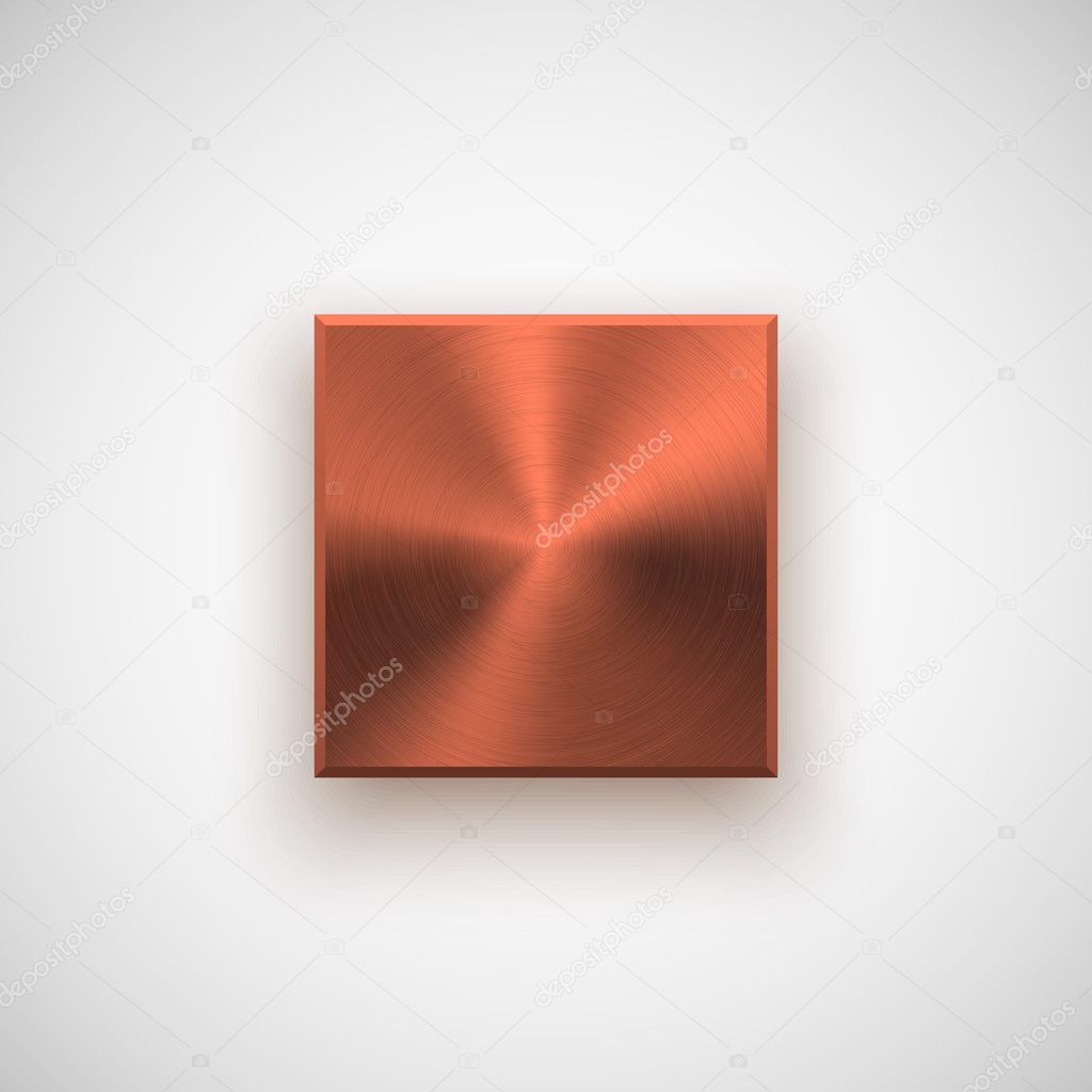 Bronze abstract square badge, technology blank button template with metal texture (chrome, steel), realistic shadow and light background for interfaces, UI, applications, apps. Vector illustration.