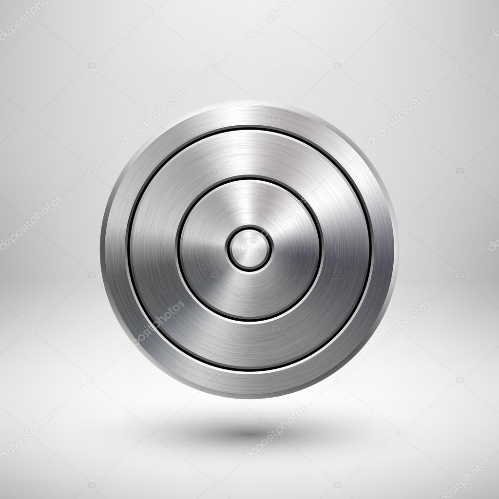 Abstract circle geometric badge, technology perforated button template with metal texture, chrome, silver, steel and realistic shadow for logo, design concepts, interfaces, apps. Vector illustration.