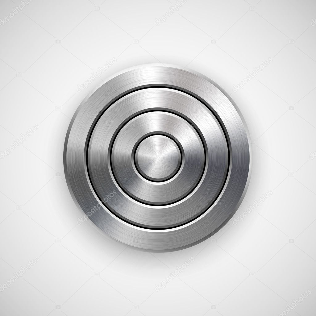 Abstract circle geometric badge, technology perforated button template with metal texture, chrome, silver, steel and realistic shadow for logo, design concepts, interfaces, apps. Vector illustration.