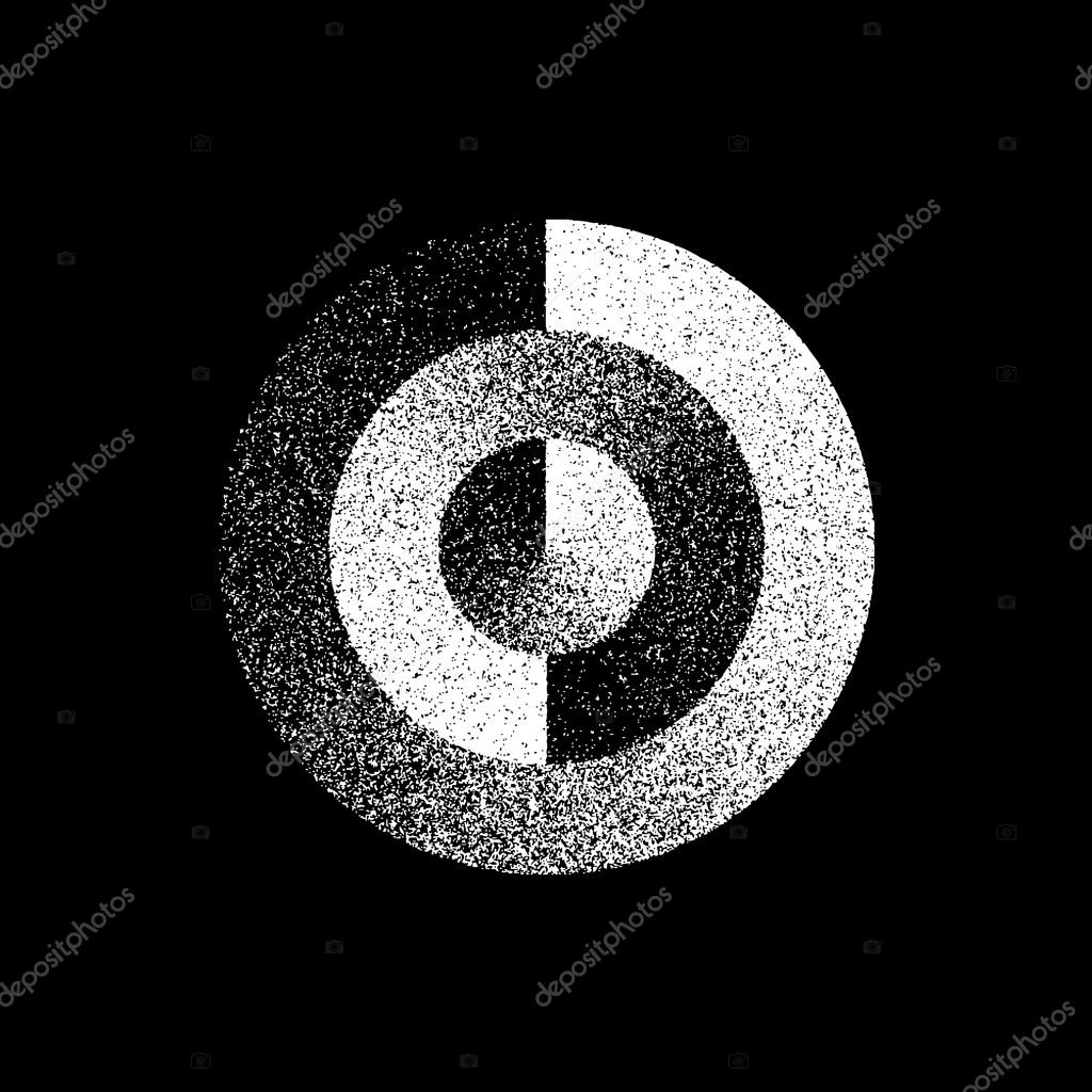 White abstract geometric shape, circle badge with film grain, noise, dotwork, grunge texture and black background for logo, design concepts, posters, banners, web, prints. Vector illustration.