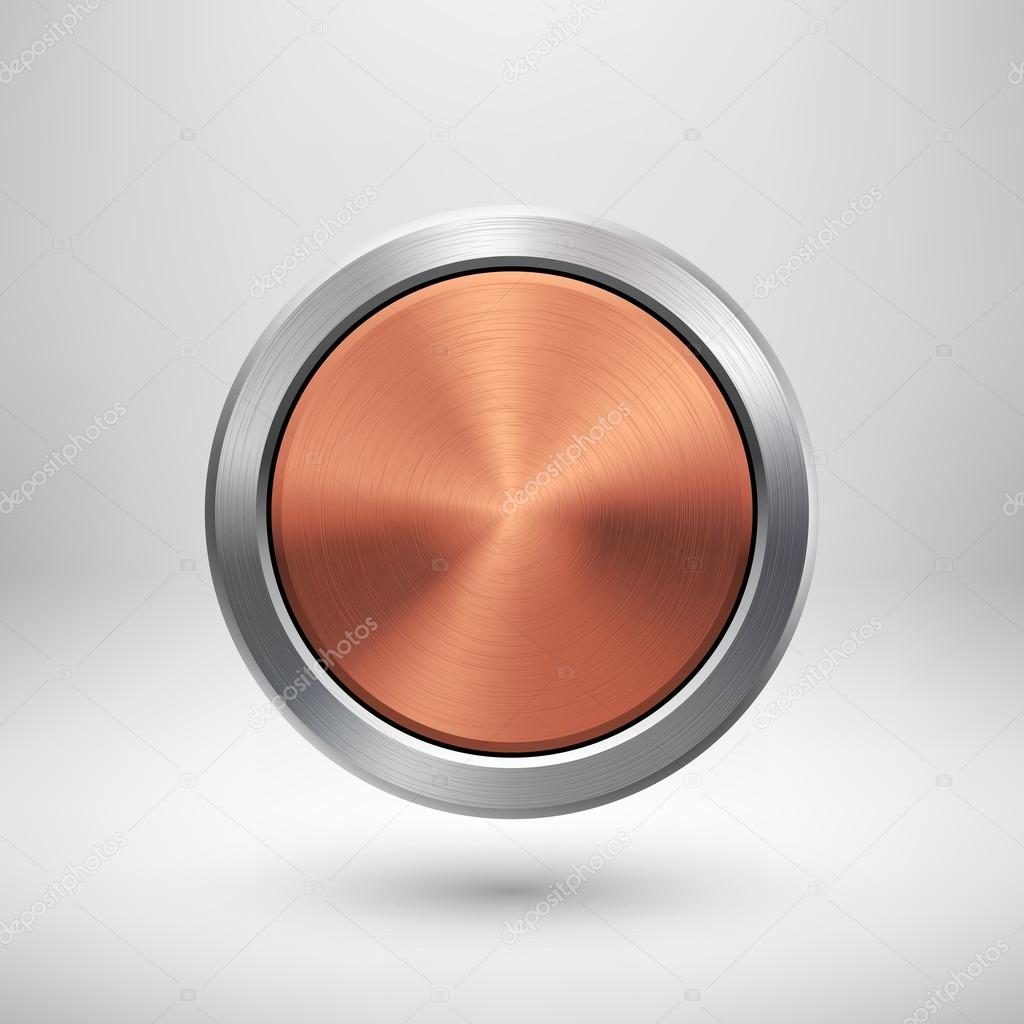 Bronze abstract circle geometric badge, technology perforated button template with metal texture, chrome, silver, steel, copper and realistic shadow for logo, design, web, apps. Vector illustration.