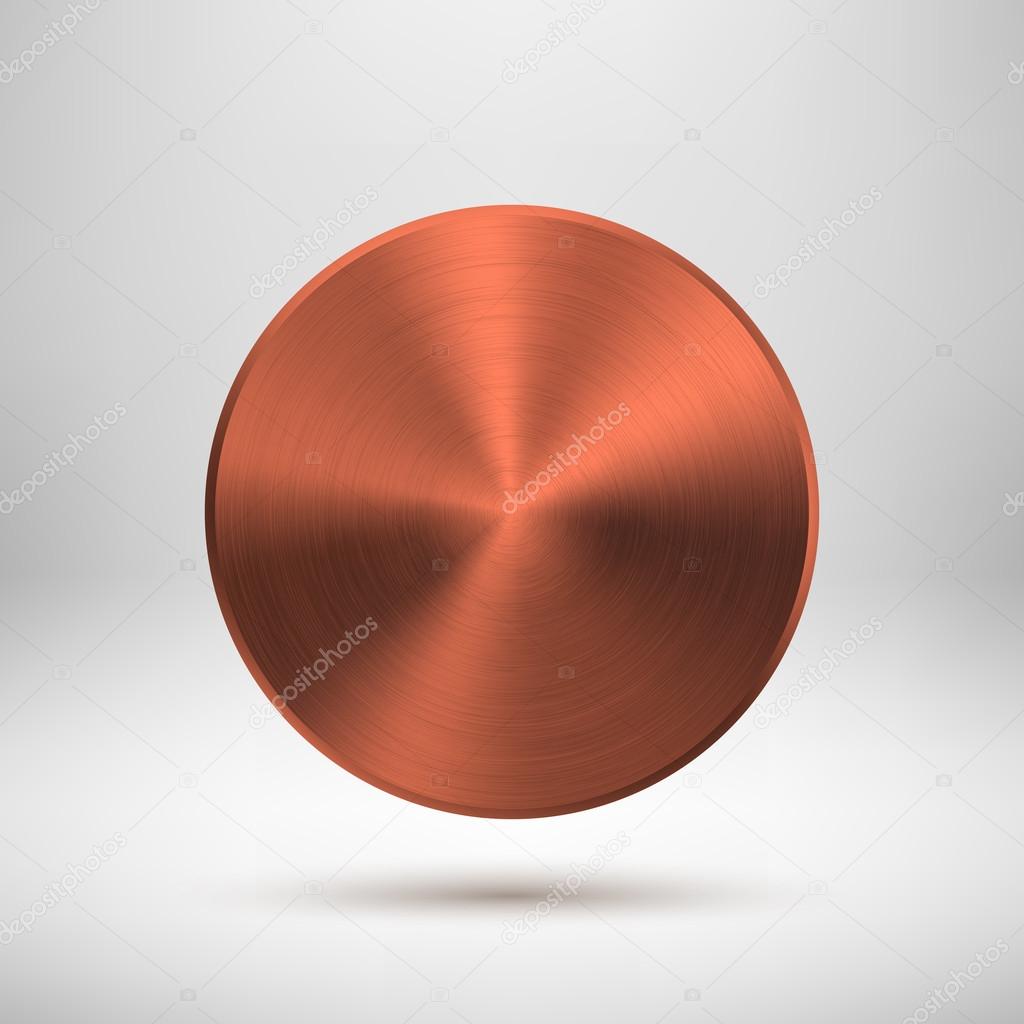 Bronze abstract technology circle badge, blank button template with metal texture (chrome, silver, steel), realistic shadow and light background for user interfaces, UI, applications and apps. Vector.
