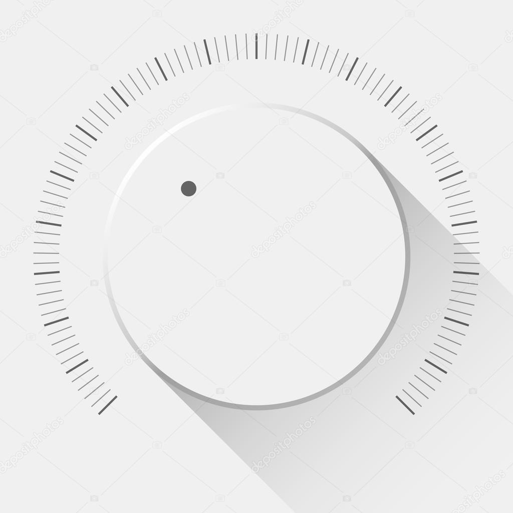 White technology music button, volume knob with flat designed shadow, range scale and light background for internet sites, web user interfaces, UI, applications, apps. Vector illustration.